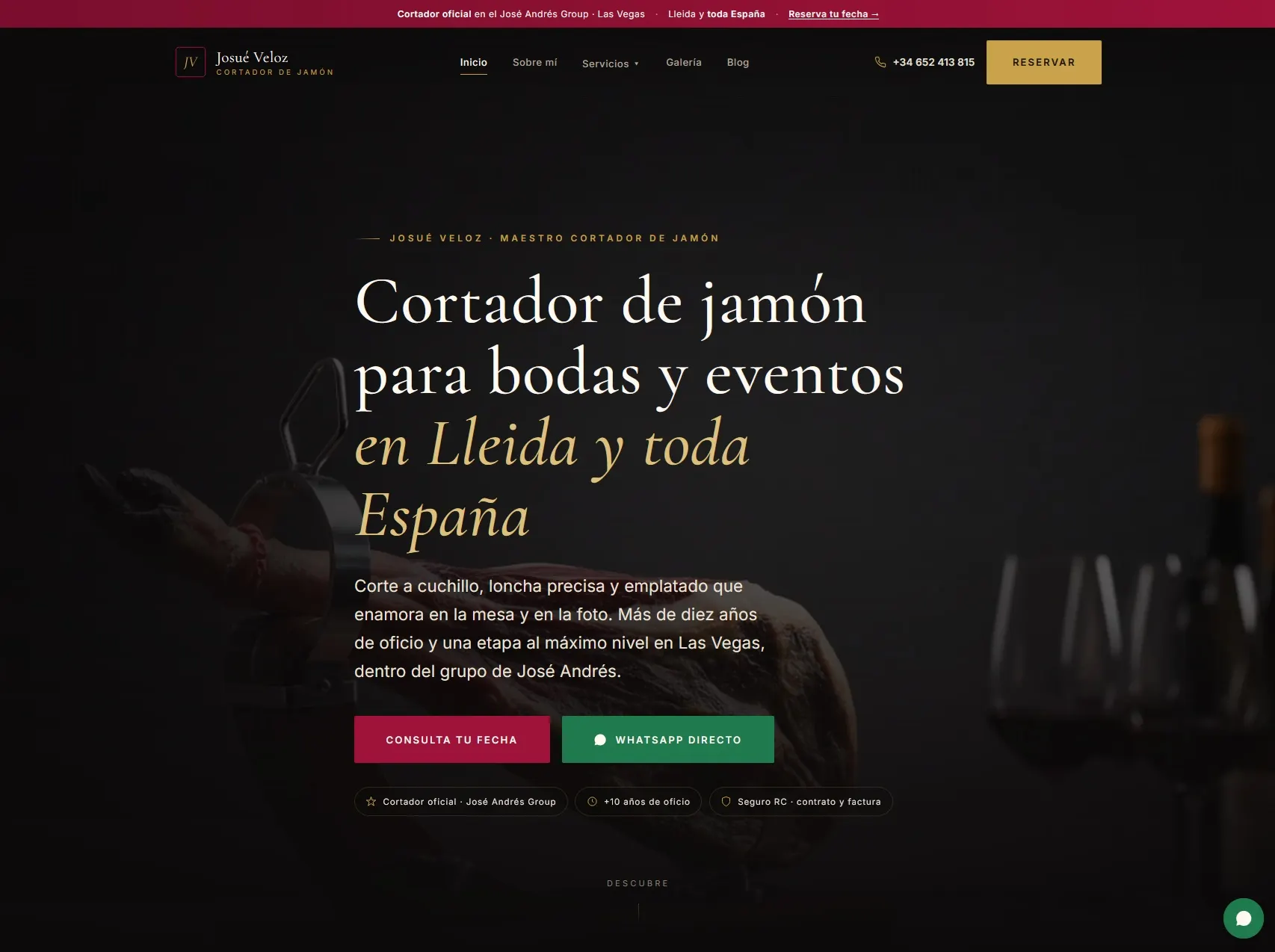 Captura de la web de Josué Veloz, cortador de jamón para eventos