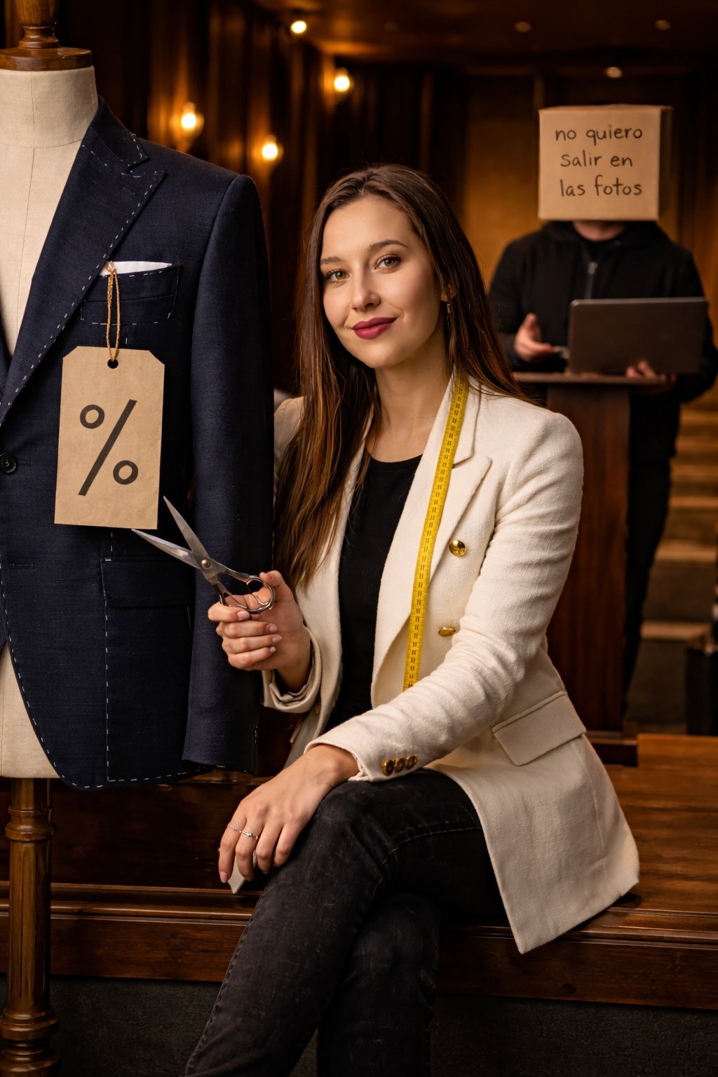 Olga, cofundadora de Garbon Media, con tijeras y cinta métrica junto a un traje a medida — metáfora del oficio de coser software