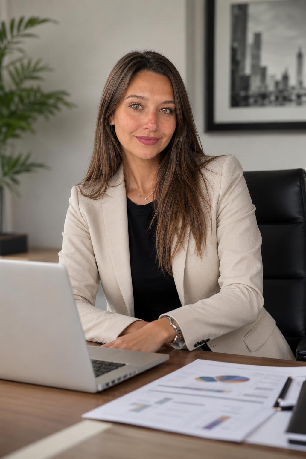Olga, cofundadora de Garbon Media, en su puesto de trabajo